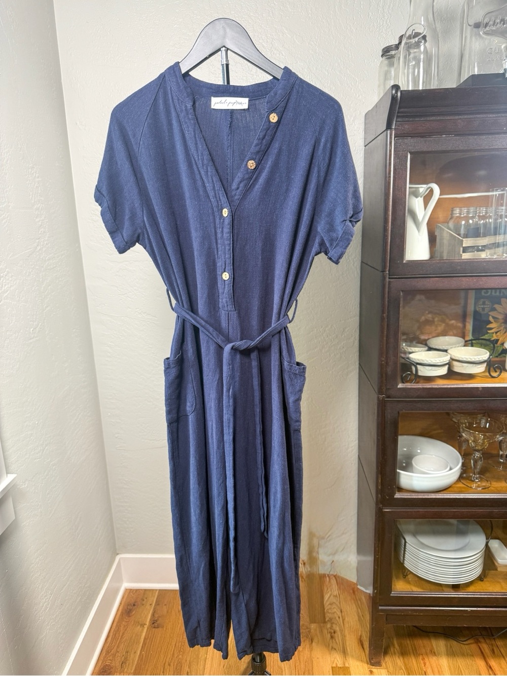 Petal + Pup Navy 100% Linen Button Front Tie Waist Jumpsuit Size 6